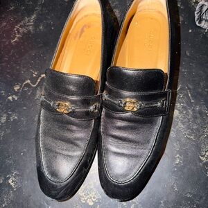 Gucci Black Leather Loafers with Gold Accent